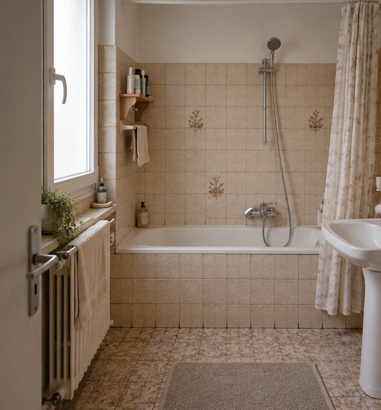 Ancienne salle de bain : baignoire haute à enjamber, carrelage ancien, rideau de douche, aucun point d’appui