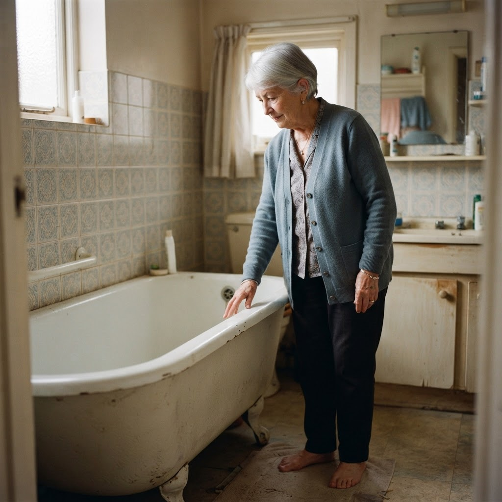 Une femme âgée hésite devant une baignoire ancienne au rebord haut, une main posée sur le bord