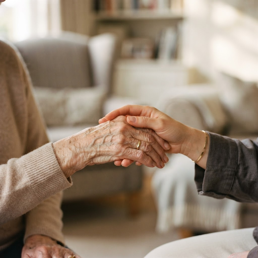 La main d’une fille adulte tient doucement la main de sa mère âgée, dans une lumière chaude